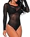 TIKSAWON Women Sexy Long Sleeve Sheer Mesh Leotard Bodysuit Tops S Black
