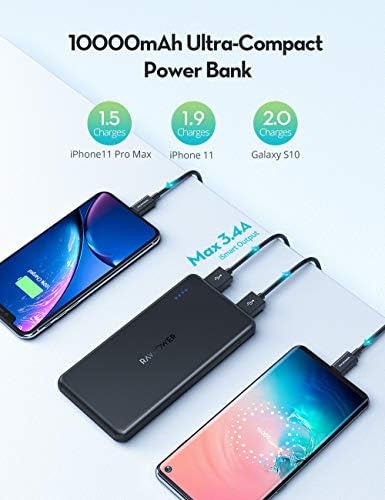 Portable Charger RAVPower 10000mAh Power Bank Dual USB Ports Battery Pack Ultra Slim Total 3.4A iSmart Output Charger Light External Battery Pack Compatible with iPhone Samsung Galaxy and More
