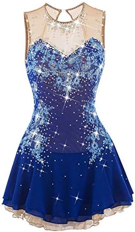 LINGXU Figure Skating Dress for Girls, Handmade Roller Skating Dress Competition Costume for Women Sleeveless Ice Skating Dresses Rhinestone Appliques Blue