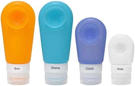 4 Pack Portable Silicone Travel Bottles Strong Suction Cup Leak Proof, with Facial Brush and Toothbrush Case Covers, FDA Certificated Pack P50