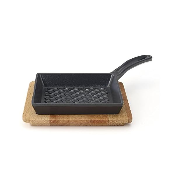 Essenso Enameled Mini Cast Iron Square Grill Pan - 6" Individual Size, Single Serving, Camping, Grilling, Side Dish, Desserts, Tapas with Wooden Trivet Tray
