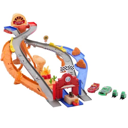 Mattel Disney Pixar Cars Spielset, Lightning McQueen, Chicks Hicks und 2 Boxencrew-Fahrzeuge, 2 Rennmöglichkeiten, Rennen & Retten Rettungsweg-Rennstrecke, JFL57