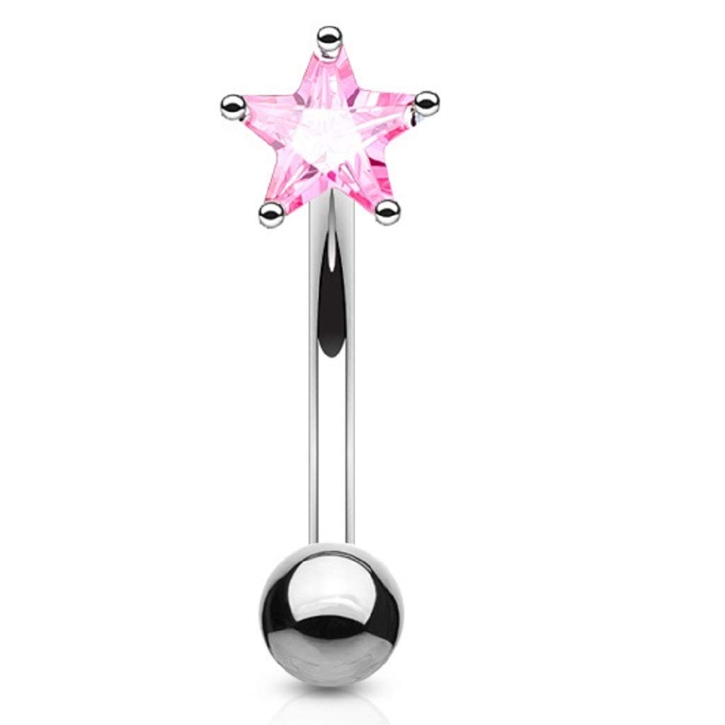 PiercedOff 316L Surgical Steel 1.2mm Curved Barbell with 3mm Pink CZ Star - Bar Length 8mm