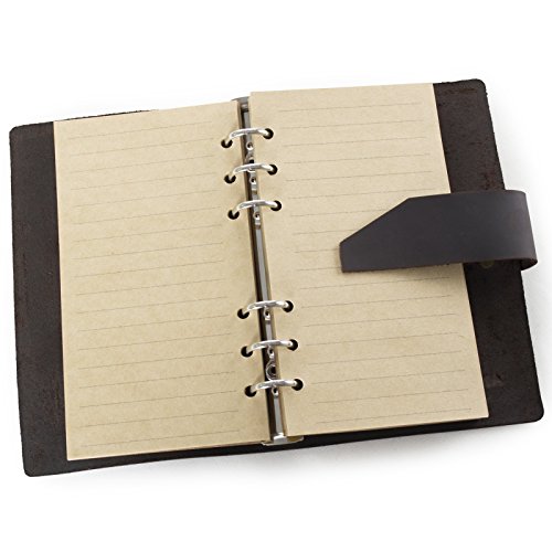 ANCICRAFT Leather Journal Diary Notebook A6 Small Refillable with Simple Strap 6-ring Binder Lined Craft Paper (Dark brown simple strap A6)