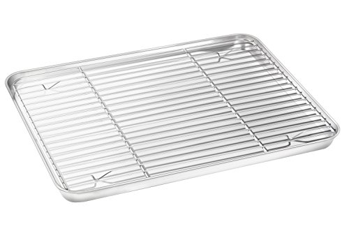 Baking Sheet with Rack Set, E-far Stainless Steel Baking Pan Cookie Pan with Cooling Rack, 16 x 12 x 1 inch, Rust Free & Non Toxic, Mirror Finish & Dishwasher Safe
