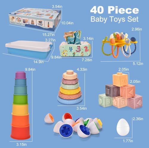 Baby Toys 6 to 12 Months,6 in 1 Montessori Toys for Babies 6-12 Months,Sensory Toy Babies Stacking Blocks Rings,Infant Teething Toy Cups Tissue Box Toy for 6 8 9 12 Months Boys & Girls Baby Gift