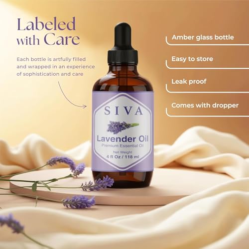 SIVA Lavender Essential Oil 4 Fl Oz – for Diffuser, Skin & Hair Care – Ideal for Massage & DIY Blends – with Dropper