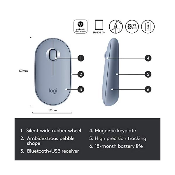 Logitech Pebble Wireless Mouse with Bluetooth or 2.4 GHz Receiver, Silent, Slim Computer Mouse with Quiet Clicks, for…