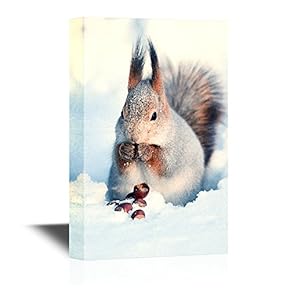 Canvas Wall Art - Squirrel Eating Nuts in The Snow - Gallery Wrap Modern Home Art | Ready to Hang - 12x18 inches