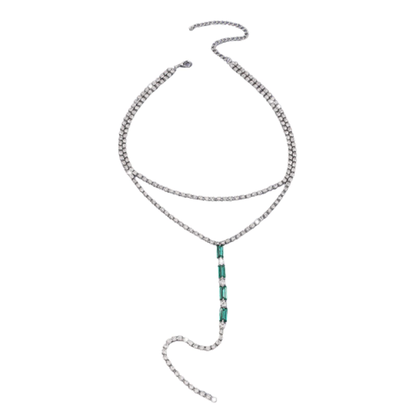 Yienate Sexy Long Crystal Y Necklace Choker Chain Wedding CZ Rhinestone Collar Lariat Emerald Pendant Necklace Green Crystal Charm Necklace Silver Unique Layered Crystal Prom Necklace for Women Girls