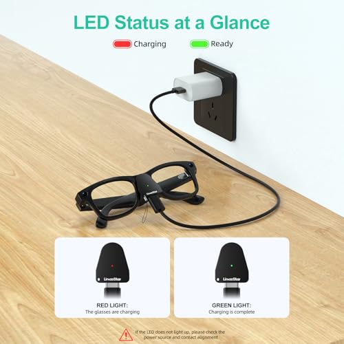 Charging Adapter for Meta Gen 1 & 2 Smart Glasses, USB-C Portable Charging Connector for Wayfarer, Headliner, Skyler & Oakley Meta HSTN, with LED Indicator [Black - 2 Pack]