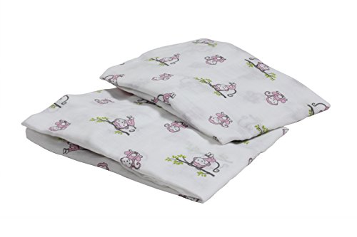 Bacati 2 Piece Happy Monkeys Muslin Crib Sheets, Pink