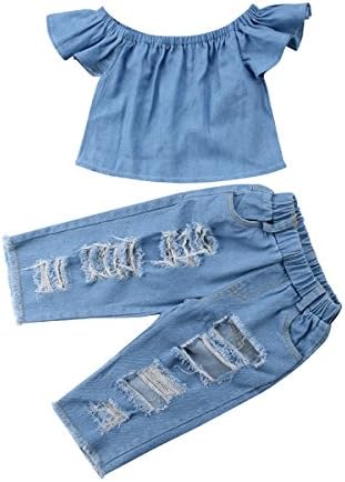 Greenafter Kid Baby Girls Ruffle Tops + Destroyed Ripped Jeans 2pcs Clothing Outfit Set (Blue, 3-4 Years)