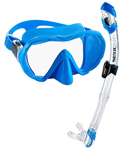 SEAC Frameless Snorkel Set for Men and Women | Comfortable Adjustable, Frameless Mask Made from Clear Tempered Glass | Dry Snorkel with Bottom Purge Valve | Snorkeling and Freediving Gear - Blue