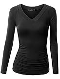 TWINTH Womens Deep V-neck Drape Shirring Long Sleeve Shirts