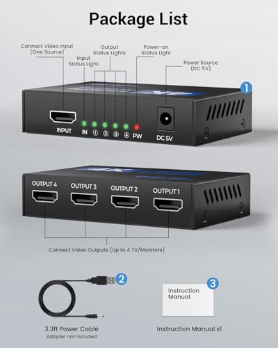 4K HDMI Splitter 1 in 4 Out with EDID HDCP HDR 3D, 4 Way Distribution for PC, Laptop, HDTV, Projector, 4-Port Splitter Copy 1 Source to 4 Displays at The Same Time