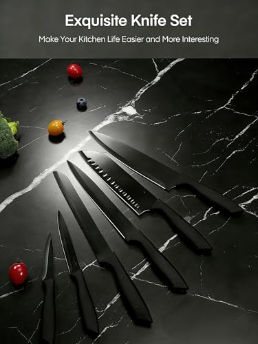 D.Perlla Professional Kitchen Knife Set with Sharpener 7 Pieces Stainless Steel Knives Chef Knife Ergonomic Handle, Black