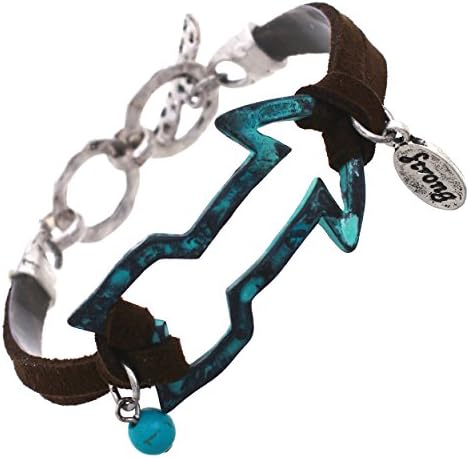 Arrow Hammered Aqua Glazed Charm Brown Suede Cord Bracelet Jewelry, Gift Boxed