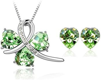 The Starry Night Meet Happiness Heart Green Crystal Diamond Accented Four Leaf Clover Pendant Silver Necklace