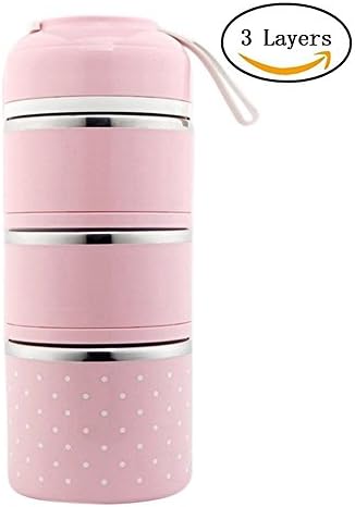 Insulation Thermal Lunch Box Stainless Steel Food Storage Container Portable Bento Box With Handle 3 Layers (Pink)