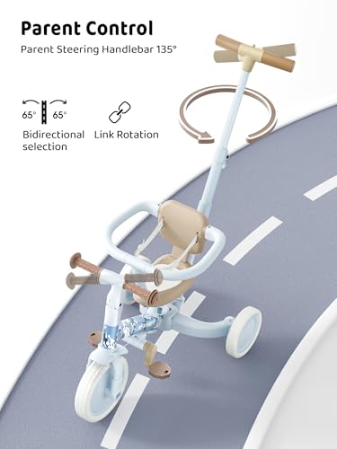 newyoo Lume TR008 Tricycle for Toddlers 1-3, 5-in-1 Push Trike with Parent Handle & Safety Guard, Convertible Balance Bike, Ideal Birthday, Coastal