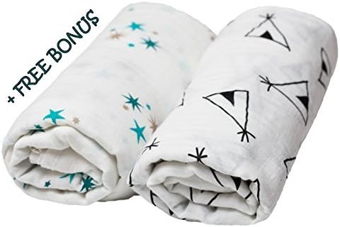 MomsHug Muslin Swaddle Blankets 2 Pack - 47"x 49" - 100% Organic Cotton - Large Stylish Set for Boys or Girls + Free 2 Stroller Clips - Unisex