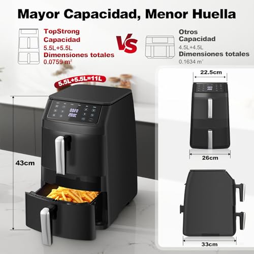 TopStrong XXL Air Fryer 11L, Air Fryer Double Stacked Basket, Double Resistance Air Fryer, 2500W, 6 Functions, 8 Recipes, Dishwasher, Energy Saving