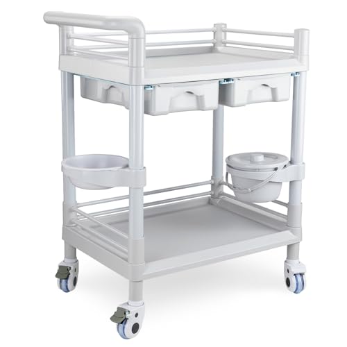 Noverlife Large Esthetician Trolley Cart with 2 Drawers & Dirts Bucket & Bowl, Load 330lbs, Beauty Salon Rolling Spa Cart w/Handrail for Cosmetology Massage, Tattoo, ABS Mobile Medical Utility Cart