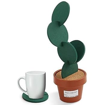 Drhob Flee 6-Piece Green Coaster Set with Flower Pot Shaped Holder for Drinks,Coffee,Cup