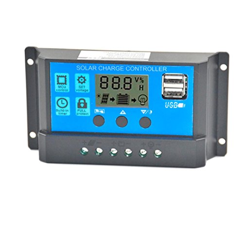 Tiean 10A/20A/30A/40A/50A/60A 12V-24V Solar Panel Regulator Charge Controller With Double USB Ports Charge for Phone (Blue30A)