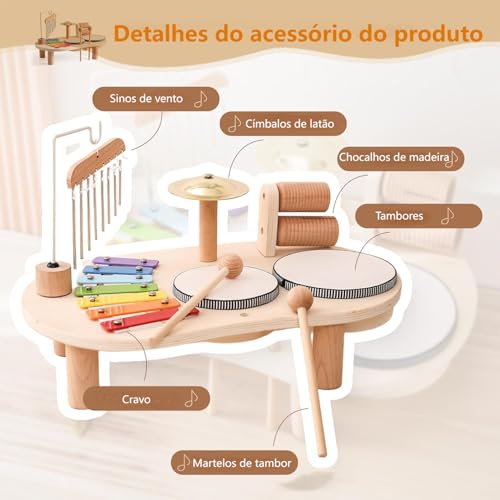 Conjunto de Instrumentos 5 em 1 (Incluindo Pratos), Conjunto de Instrumentos de Percussão, Conjunto de Tambor de Madeira, Kit Musical de Mesa de Madeira Premium, Xilofone