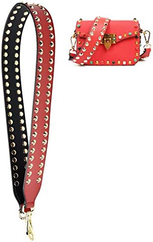 Wide Leather Shoulder Bag Strap with Gold Studded Design Replacement Cross Body Handbag Purse Guitar Style Strap