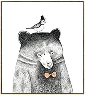 Quedom _Canvas Print Wall Art Painting for Children Room with Brown Frame Decorative Artwork Animal Series_The Bear and Bird_Grey and White_12" x 16"