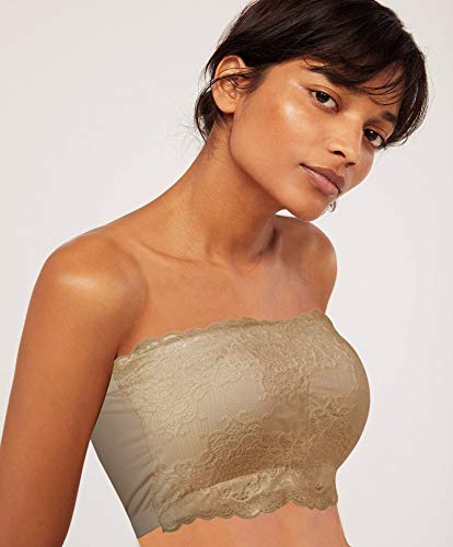 Plusfeel Strapless Lace Bra, Seamless Tube Top Bandeau Bralette Bra Wirefree for Women, Lace Black&Nude, 2 Pack, Large