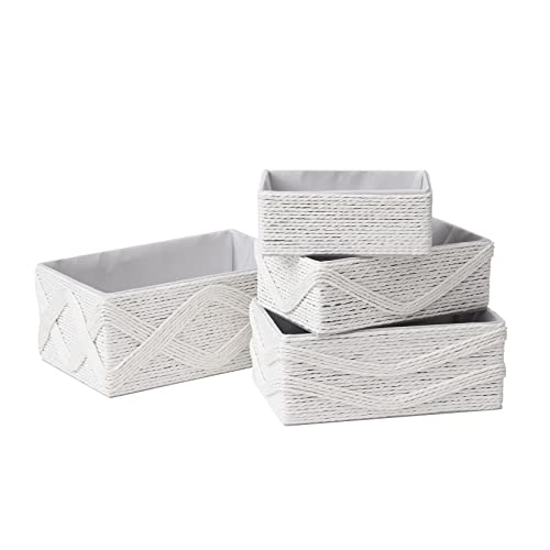 LA JOLIE MUSE White Storage Baskets for Organizing Set 4 - Sturdy Woven Baskets Paper Rope Decorative Baskets, Stackable Wicker Baskets for Makeup Closet Bathroom Bedroom (White)