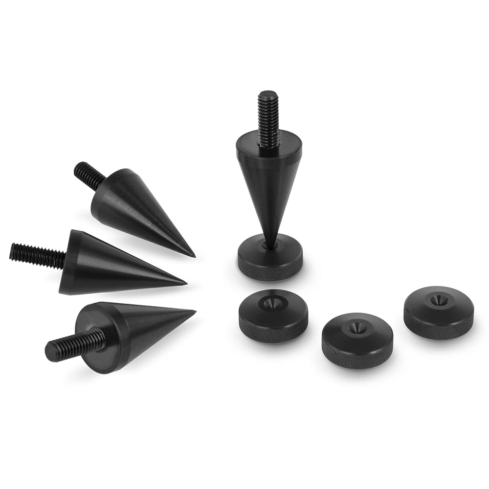 PrecisionGeek - M6 Speaker Spikes and Pads (Big Black Aluminium with Knurled Pads, Set of 4+4) – HiFi Isolation Feet for Speakers, Amplifiers, Subwoofers, Cabinets and Soundbars