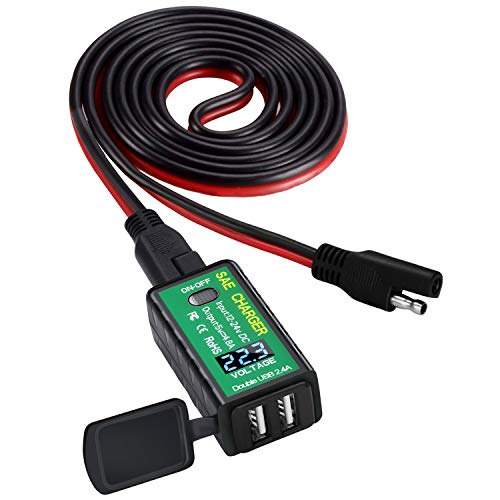YONHAN 【Upgraded Version】 4.8A Motorcycle USB Charger SAE to USB Adapter with Voltmeter & ON/Off Switch, 3 Install Options Waterproof Quick Disconnect Plug for Smart Phone Tablet GPS