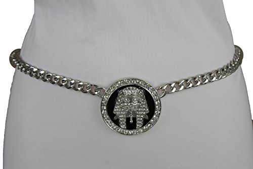 TFJ Women Fashion Skinny Belt Hip High Waist Silver Metal Chain Links Pharaoh Egyptian Charm Buckle (Silver XS-Medium 20