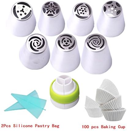 Mehome Russian Piping Tips 18-Pcs Set (7 Russian Tips 2 Silicone Pastry Bags 1 Tri-Color Coupler 100 paper Baking Cup )