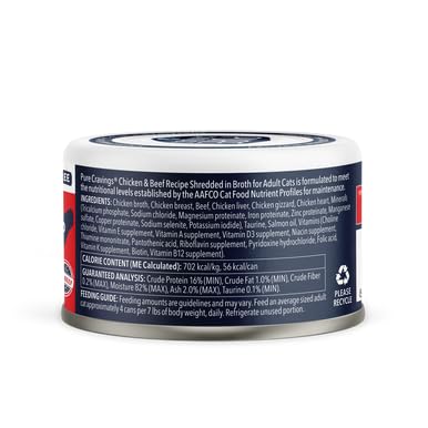 PURE CRAVINGS, CHICKEN & BEEF RECIPE WITH ORGAN MEATS SHREDDED IN BROTH CANNED CAT FOOD, 3 OUNCE