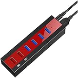USB Hub, KOOTION 6-Port USB3.0 Hub Including 4 High Speed USB3.0 Data Transfer Ports and 2 BC1.2 Smart Charging Ports with Power Adapter ( 5V / 3A ), Red