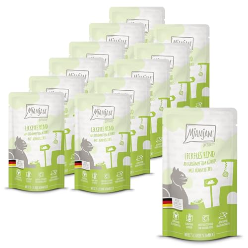 MjAMjAM - premium wet food for cats - Quetschie - delicious beef with steamed pumpkin, pack of 12 (12 x 125 g), grain-free with extra meat