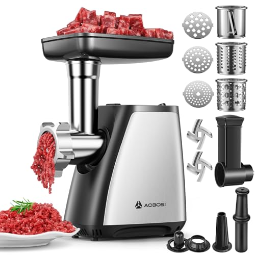 AAOBOSI Meat Grinder 4-in-1 Electric Meat Grinder [2800W Max] with 3 Discs, Cutting Blades, 2 Blades, 3 Plates, Sausage Stuffer, Cubbe Kit, for Home Use, Stainless Steel