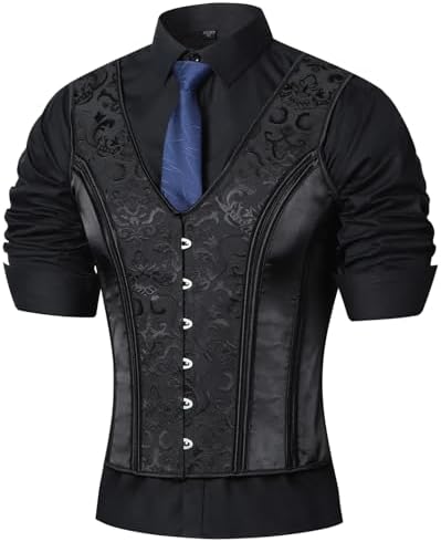 HUAMYTH Mens Corset Suit Vest Vintage Waistcoat Black Slimm Fit