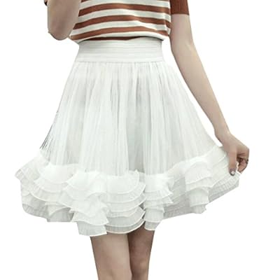 JXG Women Pleated Mesh Elastic Waist Skater Pleated Midi Cupcake Skirt
