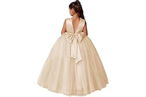 MCieloLuna Flower Girls Dresses for Wedding Satin Tulle Princess Pageant Dress Kids Pearls Prom Ball Gowns with Bow-Knot