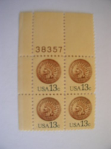 No. 1734 - 1978 13c Indian Head Penny Postage Stamp Numbered Plate Block (4 stamps)