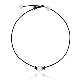 MAIMANI Handmade Single Freshwater Cultured Pearl Choker Necklace Bead on Black Genuine Leather 14-18