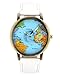 Top Plaza Womens Mens Rotating Airplane World Map Watch Unisex Retro Bronze Case White PU Leather Band Quartz Watch