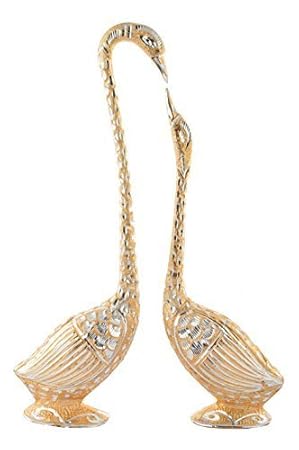 JaipurCrafts Pair of Kissing Duck Showpiece | White Metal Silver Plated Pair of Swan Statue Showpiece | Vastu Decorative Figurine(Gold- 14 in)